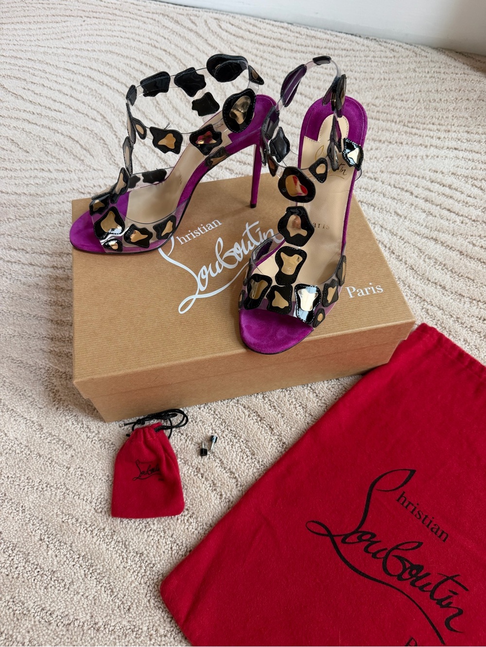 Christian Louboutin Purple Suede Stiletto Sandals with Black and Gold Accents